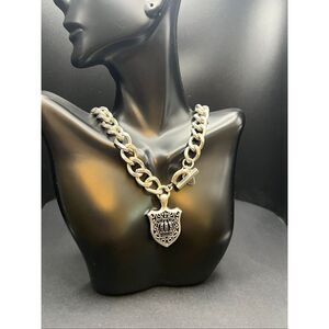 NWT Stigma Silver Tone Chunky Chain Necklace w Crown and Filigree Pendant